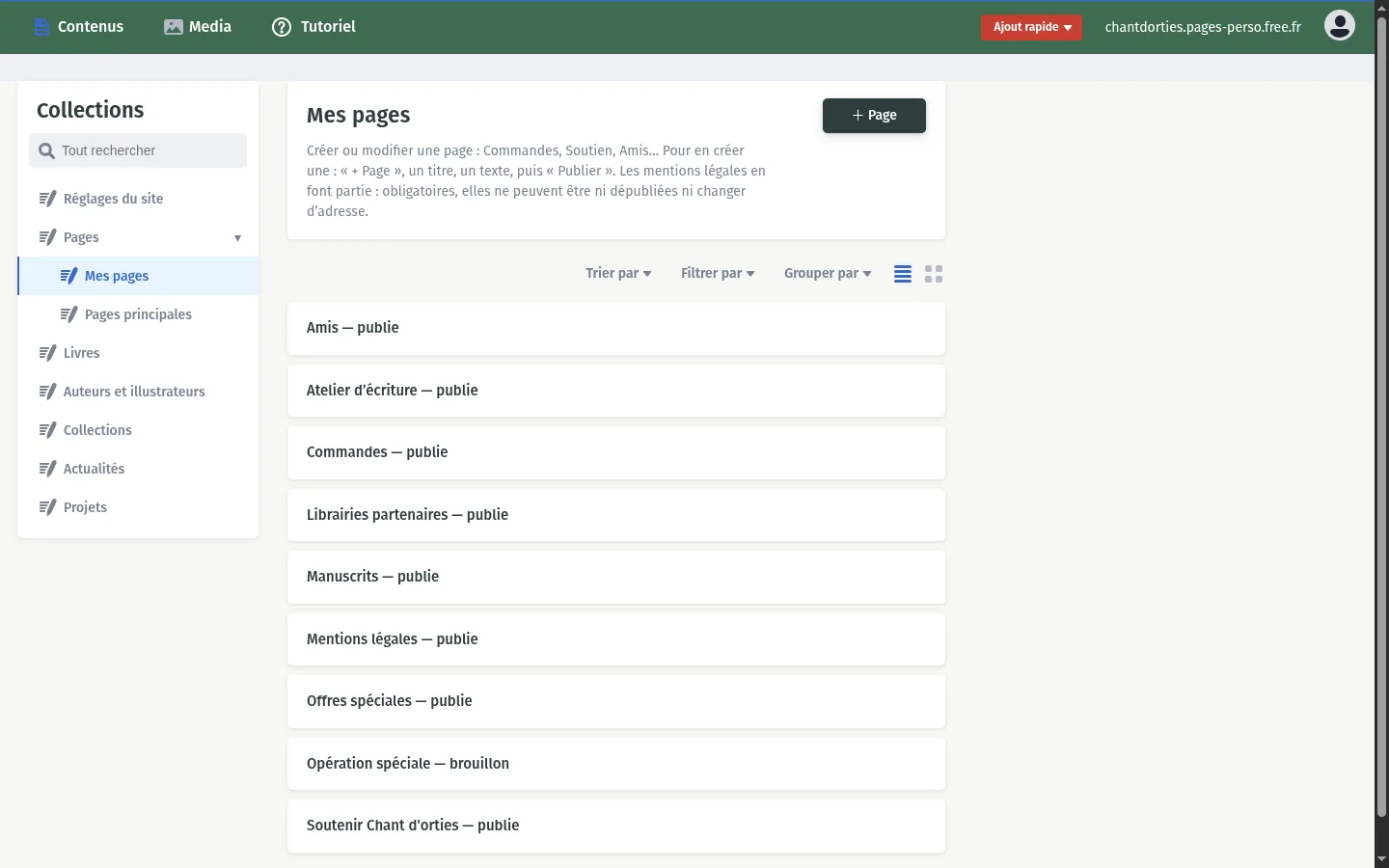 Liste de Mes pages et bouton + Page