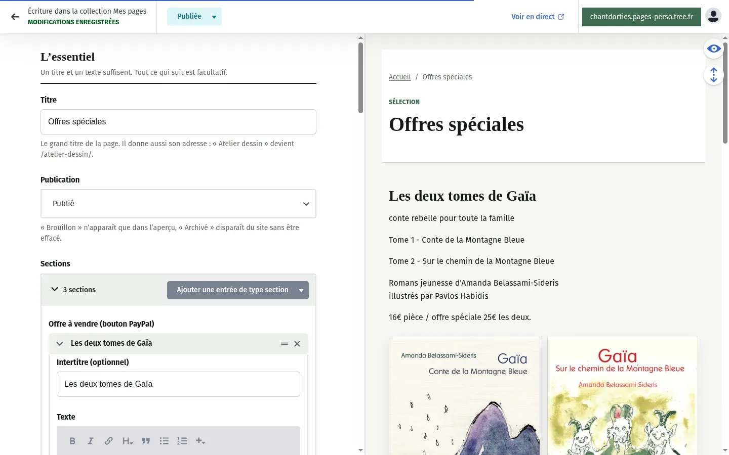 Page Offres spéciales : sections de type Offre à vendre et aperçu
