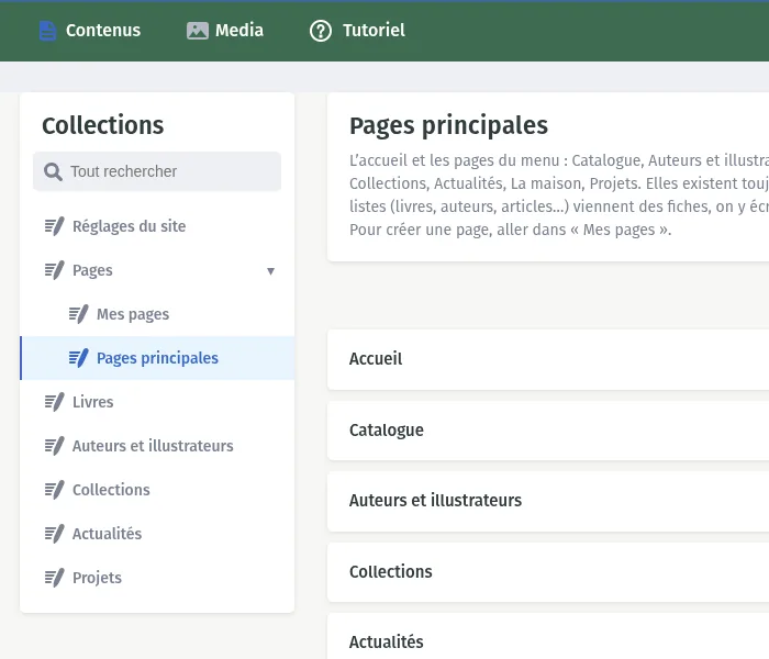 Le menu de gauche avec Pages déplié sur Mes pages et Pages principales