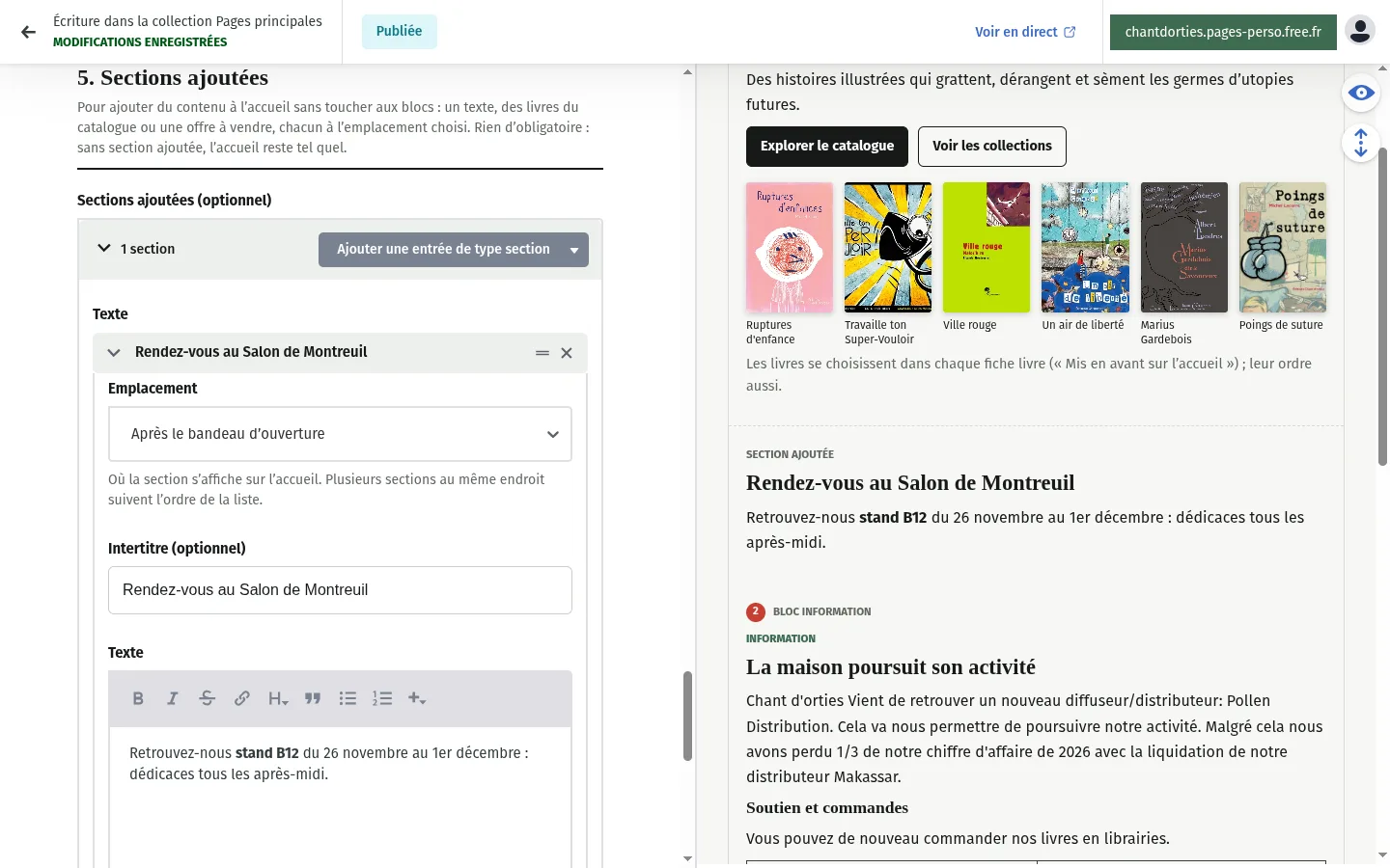 Le groupe 5. Sections ajoutées avec une section Texte placée après le bandeau d’ouverture, et à droite l’aperçu où elle apparaît sous les couvertures