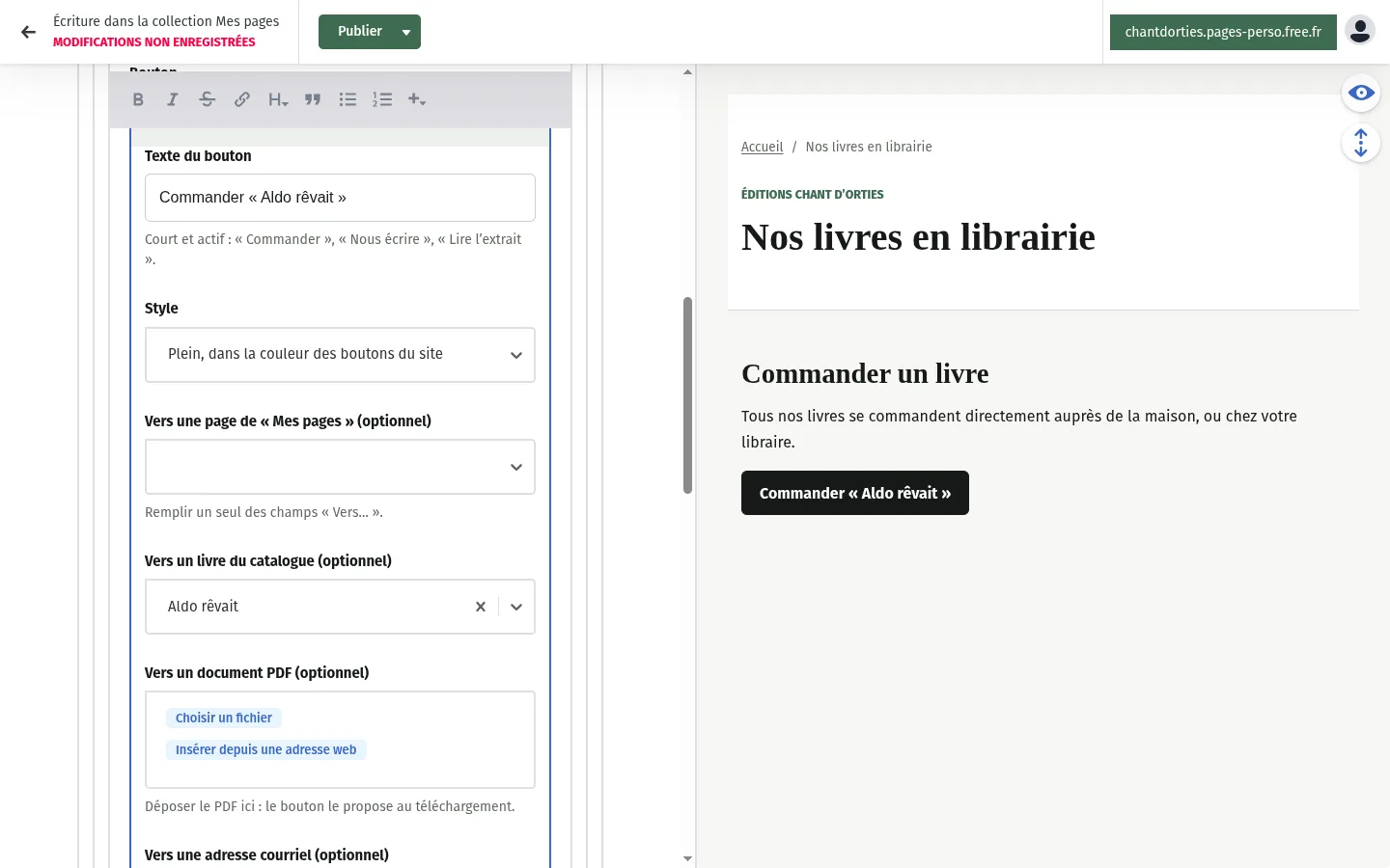 Un bloc Bouton : texte « Commander Aldo rêvait », style plein, livre choisi dans la liste ; à droite, l’aperçu montre le bouton sous le texte